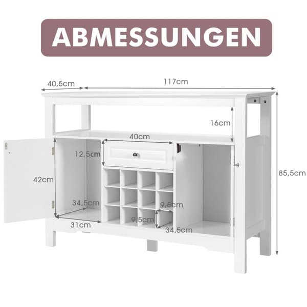 Moderne spisestuebuffé med korsformet vinstativ åpen hylle 2 skap og skuff hvit
