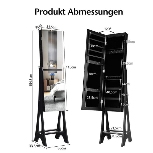 Korukaapin seisova peili 2 in 1 täyspitkä peili 12 LEDillä 36 x 33,5 x 154,5 cm musta