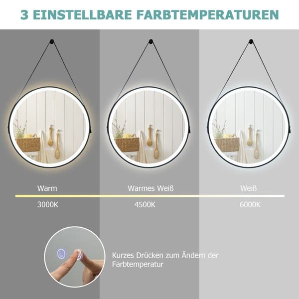 Rundt LED baderomsspeil med 3 fargetemperaturer 61 cm diameter