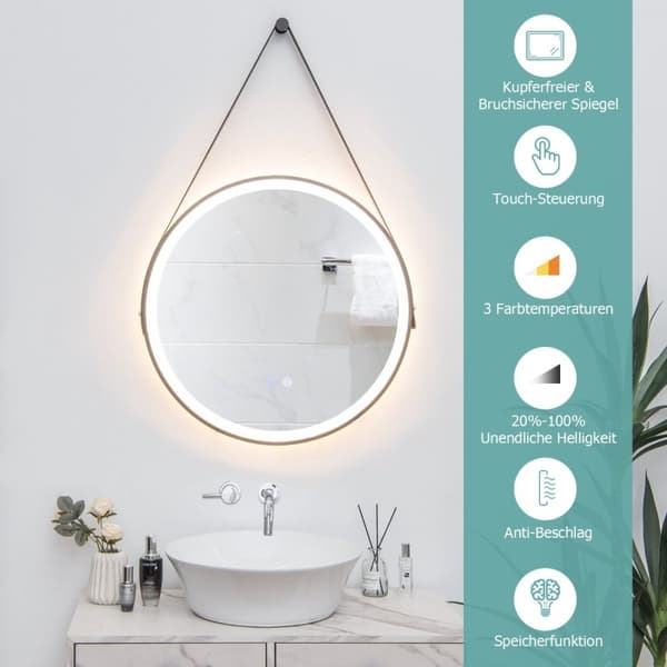 Rundt LED baderomsspeil med 3 fargetemperaturer 61 cm diameter