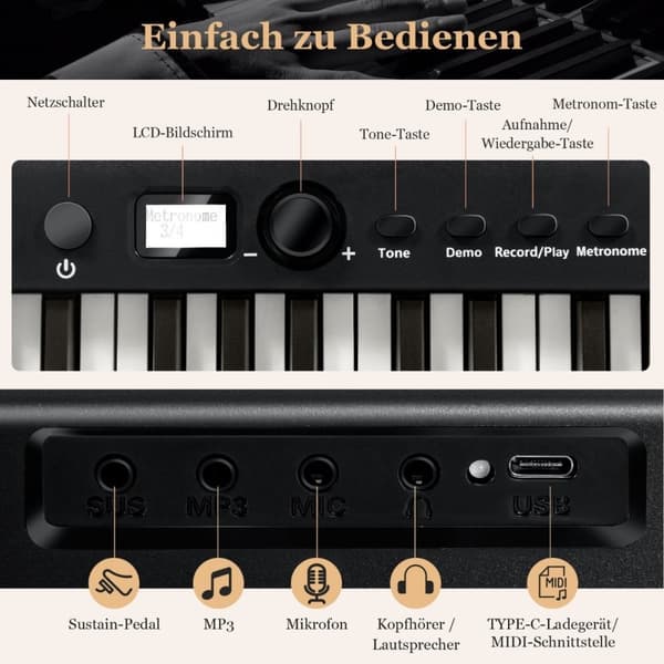 Sammenleggbart E-tastatur Sammenleggbart med 88 opplyste taster Digitalt tastatur Digitalt tastatur Svart