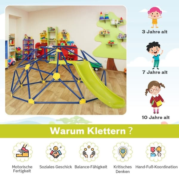 Kiipeilykupoli ja liukumäki Kiipeilyteline kupolin muotoinen 241,5 x 183 x 91,5 cm Gleb