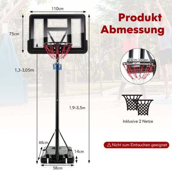 130 cm - 305 cm høydejusterbar basketballkurv med stativ og 2 hjul kurvstativ svart