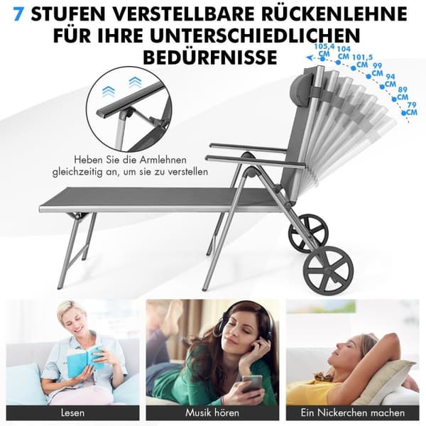Solstol i aluminium med hjul Sammenleggbar solseng 137,5 x 75 x 23,5 cm Grå