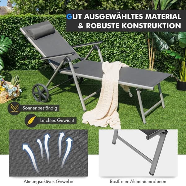 Solstol i aluminium med hjul Sammenleggbar solseng 137,5 x 75 x 23,5 cm Grå