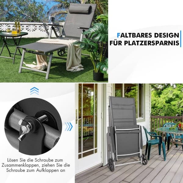Solstol i aluminium med hjul Sammenleggbar solseng 137,5 x 75 x 23,5 cm Grå