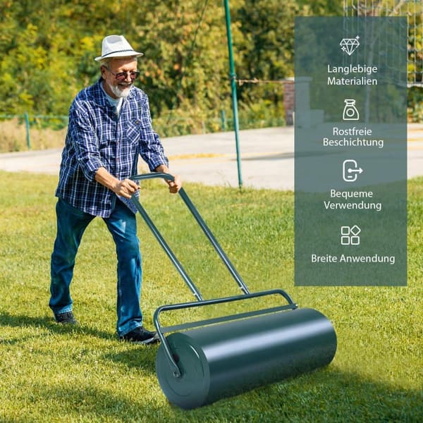 Gräsrulle 90cm handrulle 63L trädgårdsrulle med kraftig trumma gräsrulle grön