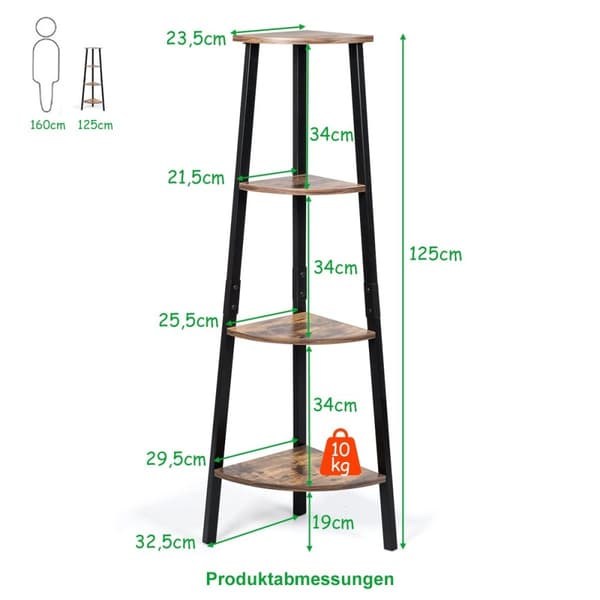 Industriell hjørnehylle plantehylle med 4 nivåer 34 x 34 x 124,5 cm brun + svart
