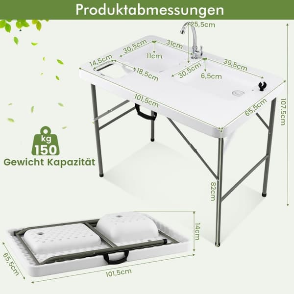 Kalanpuhdistuspöytä taittuva fileointipöytä 101,5 x 65,5 x 107,5 cm valkoinen