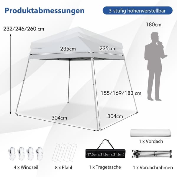 Sammenleggbart lysthus 3 m x 3 m stor sammenleggbar kalesje hvit med bæreveske med 3-trinns høydejustering