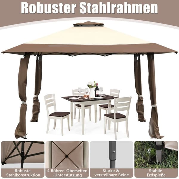 4 m x 4 m stor eventteltskygge med 2-etagers tag brun