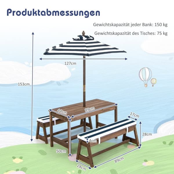 Piknikbord med parasoll & benker bord og benksett blå