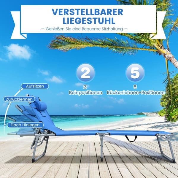 Solseng sammenleggbar strandseng 194 x 60 x 36-86 cm blå