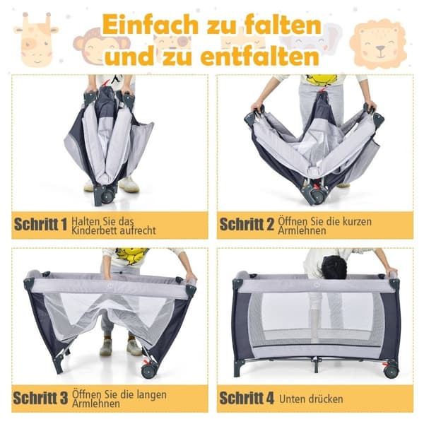 4 i 1 sammenleggbar reiseseng og babyvugge 123 x 63 x 76 cm grå