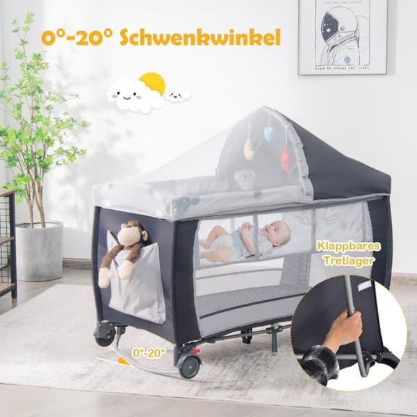 4 i 1 sammenleggbar reiseseng og babyvugge 123 x 63 x 76 cm grå