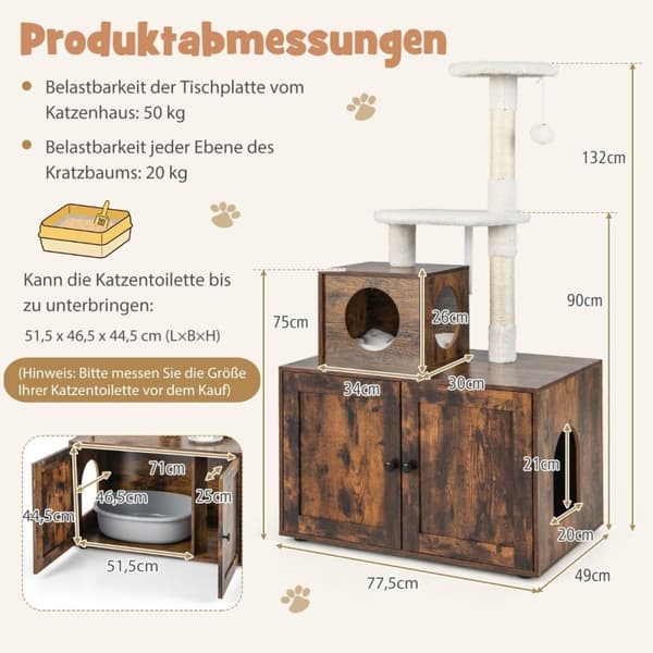 Katteskap med skrapestolpe alt-i-1 kattehus i tre brun 77,5 x 48,5 x 132 cm