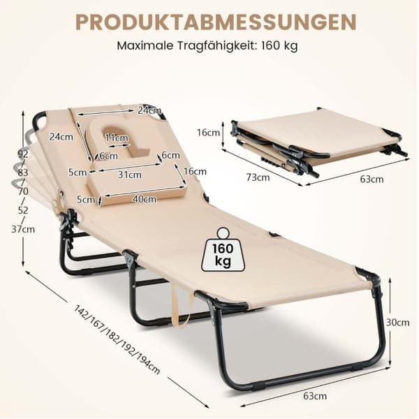 Sammenleggbar solsengstol strandstol med ansiktsåpning i beige