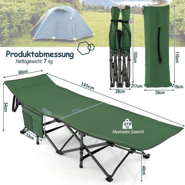 Campingsäng slitstark resesäng med nackstöd 190 x 70 x 54 cm grön