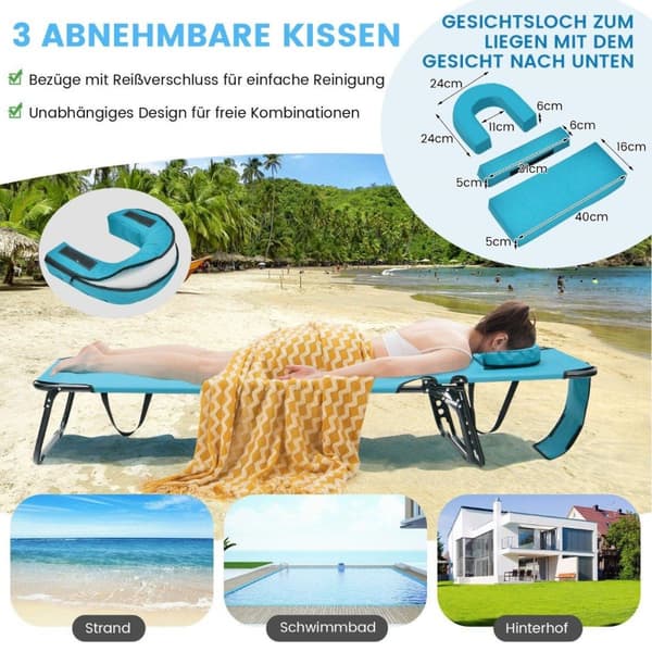 Sammenleggbar solsengstol strandstol med turkis som åpner ansiktet