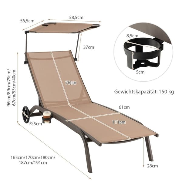 Patio solseng utendørs solstol med hjul strand solseng laget av metall brun