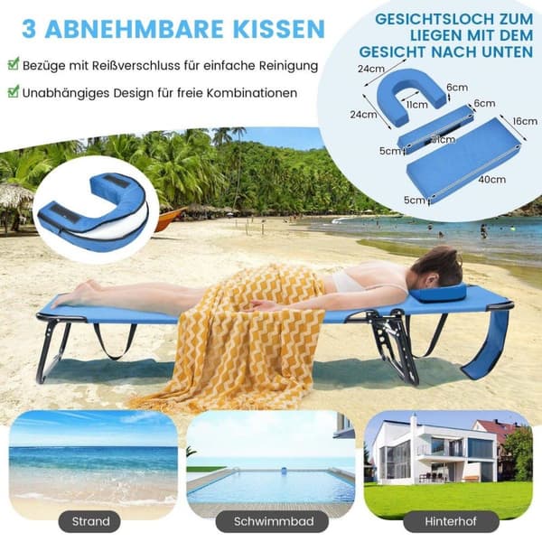 Sammenleggbar solsengstol strandseng med blå ansiktsåpning
