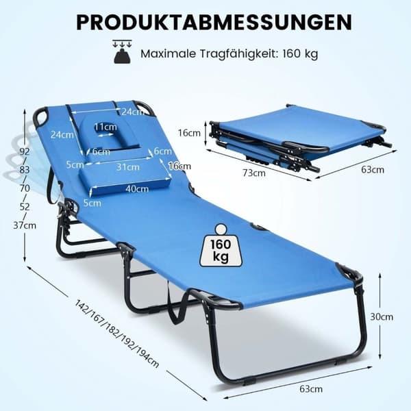 Sammenleggbar solsengstol strandseng med blå ansiktsåpning