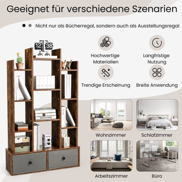 12 Etagers Åben Ryg Reol & Skuffe 81 x 24 x 132 cm Brun