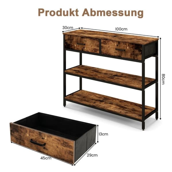 100 cm konsollbord med 2 stoffskuffer 3-lags sidebord Rustikkbrun