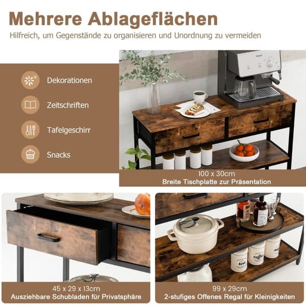 100 cm konsollbord med 2 stoffskuffer 3-lags sidebord Rustikkbrun