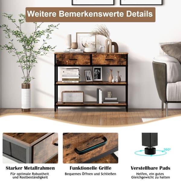 100 cm konsollbord med 2 stoffskuffer 3-lags sidebord Rustikkbrun