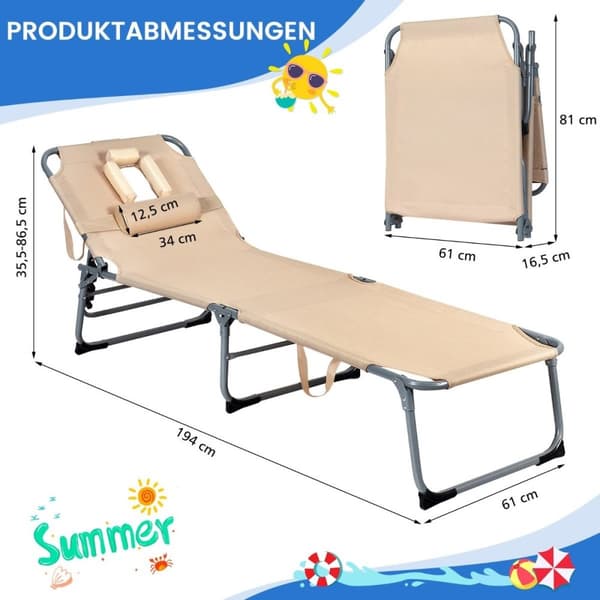 Justerbar solseng sammenleggbar strandseng med pute 194 x 61 x 35,5 - 86,5 cm beige