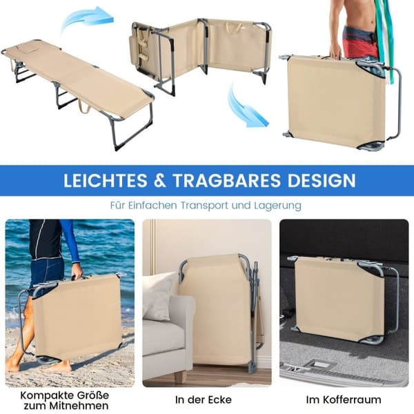 Justerbar solseng sammenleggbar strandseng med pute 194 x 61 x 35,5 - 86,5 cm beige