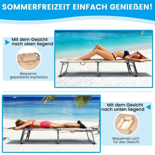 Justerbar solseng sammenleggbar strandseng med pute 194 x 61 x 35,5 - 86,5 cm beige