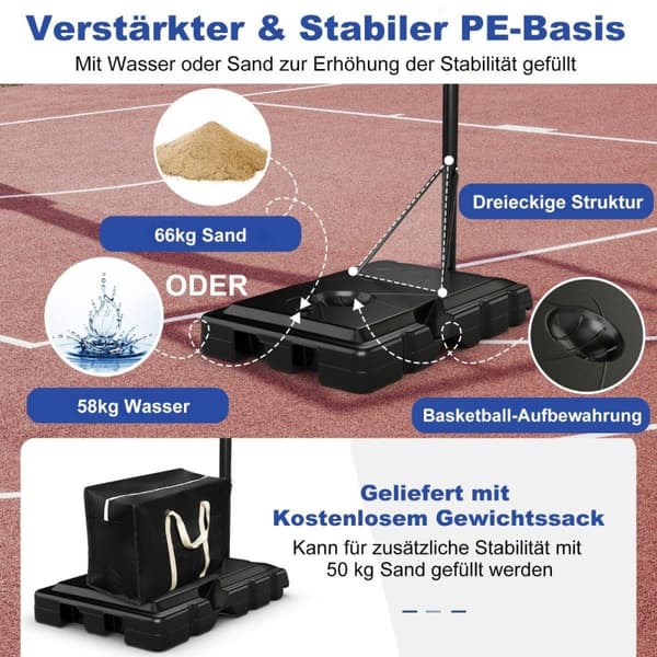 Basketställning 245-305 cm höjdjusterbar basketkorg med ställ svart