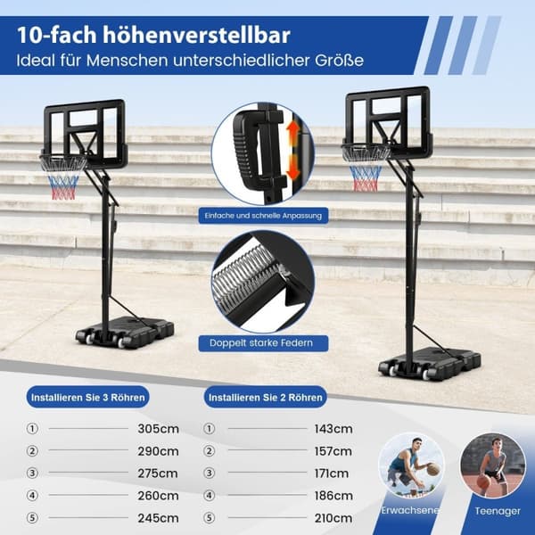 Basketställning 245-305 cm höjdjusterbar basketkorg med ställ svart