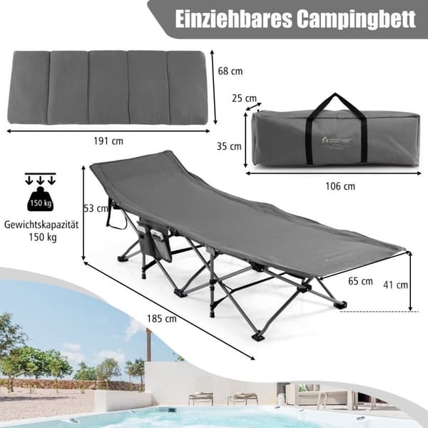 Feltseng sammenklappelig campingseng med madras 185 cm x 65 cm x 41-53 cm grå