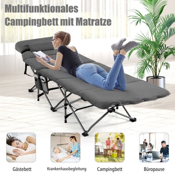 Feltseng sammenleggbar campingseng med madrass 185 cm x 65 cm x 41-53 cm grå