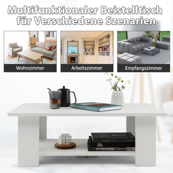 2 plans salongbord laget av tre, sidebord, lastekapasitet opptil 125 kg, 90 x 52 x 32 cm, hvit