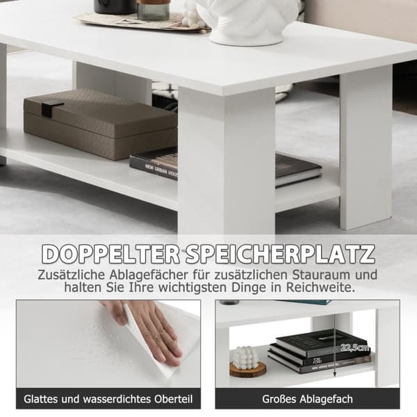 2 plans salongbord laget av tre, sidebord, lastekapasitet opptil 125 kg, 90 x 52 x 32 cm, hvit