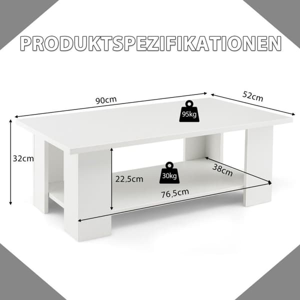 2 plans salongbord laget av tre, sidebord, lastekapasitet opptil 125 kg, 90 x 52 x 32 cm, hvit
