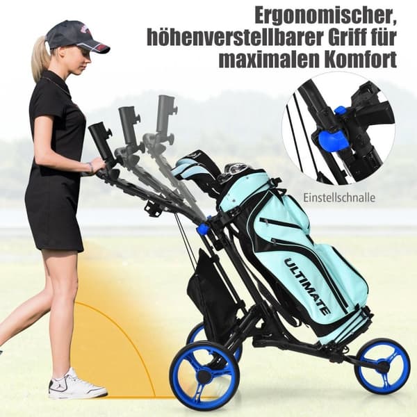 3-hjuls sammenleggbar golfvogn med resultattavle & paraply & T-stykkeholder svart + blå