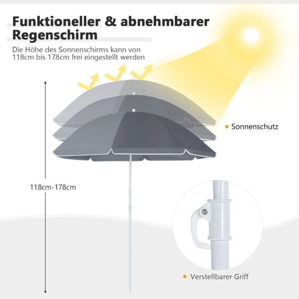 Retkituoli aurinkovarjolla kaksinkertainen kokoontaittuva tuoli mukinpidikkeellä kylmälaukku harmaa