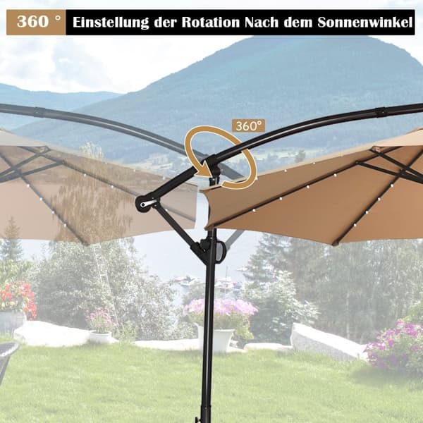 Parasoll med LED-solarbelysning, roterbar utkragende parasoll for hage, Ø 300 cm, beige