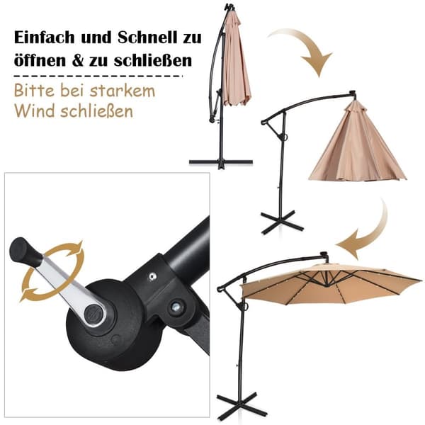 Parasoll med LED-solarbelysning, roterbar utkragende parasoll for hage, Ø 300 cm, beige