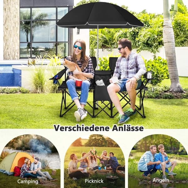Campingstol med parasoll dobbel sammenleggbar stol med drikkeholder kjølebag sort