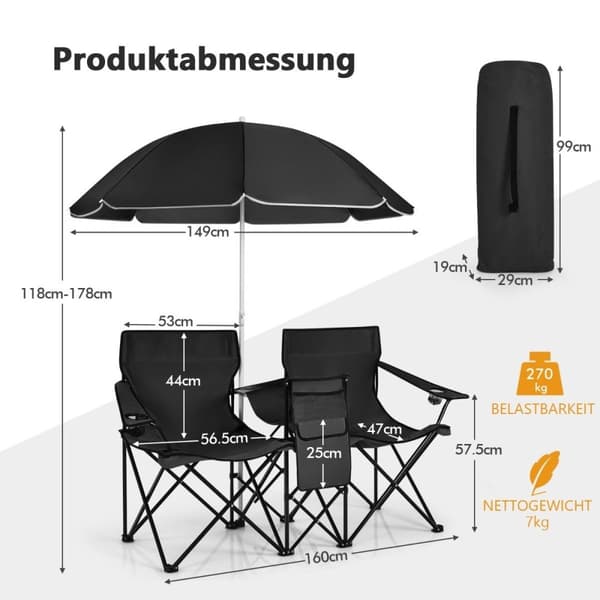 Campingstol med parasoll dobbel sammenleggbar stol med drikkeholder kjølebag sort
