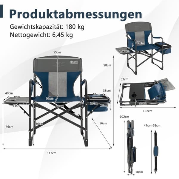 Campingstol med sidebord kjølebag og oppbevaringspose 113 x 56 x 98 cm Blå