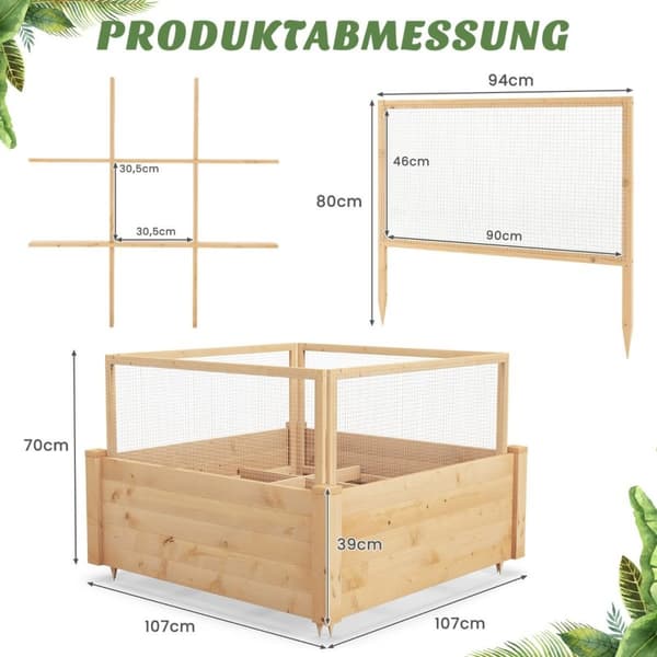 Højbed med hegn plantekasse i træ med 4-sidet beskyttelseshegn & plantegitter 107 x 107 x 70 cm