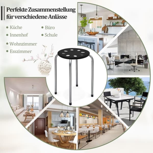 Paket med 6 stapelbara metallpallar med X-formad metallram, rund sits, svart