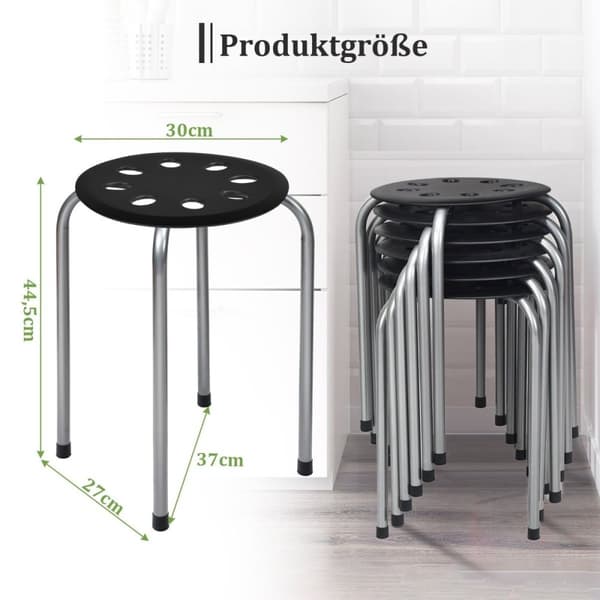 Paket med 6 stapelbara metallpallar med X-formad metallram, rund sits, svart